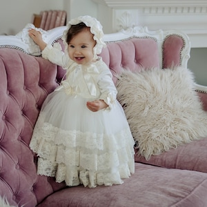 Ivory baptism dress for baby girl, baby blessing dress, lace christening gown image 1