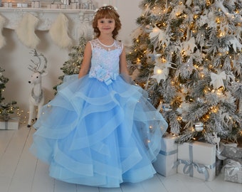 Birthday baby dress, Princess gown, Christmas dress, Birthday Dress, Light blue Flower girl Dress