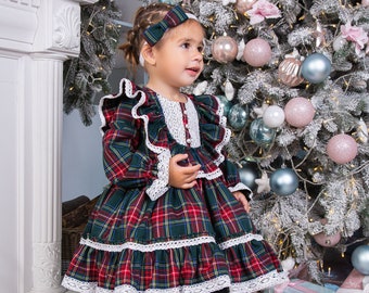 Baby Christmas dress, toddler plaid dress, baby girl dress, big and little girls dress Tartan Christmas girls dress,