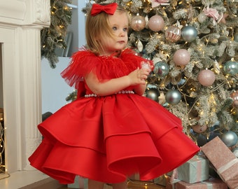 First birthday baby dress, princess gown,  Red dress for baby girl, toddler dress, Girls Christmas Outfit Red