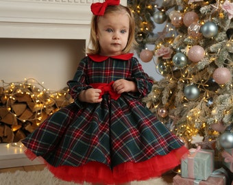 Baby Christmas gift, Tartan Christmas girls dress, Christmas Outfit Green, trendy little girl dress for Xmas + Express delivery