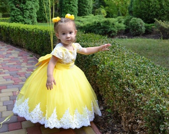 Baby first birthday dress, baby flower girl dress, Yellow princess dress, Toddler birthday dress