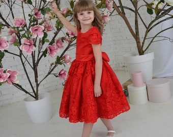 Red lace toddler dress, First birthday baby girl  dress, Princess Dress Short Sleeve, baby wedding dress