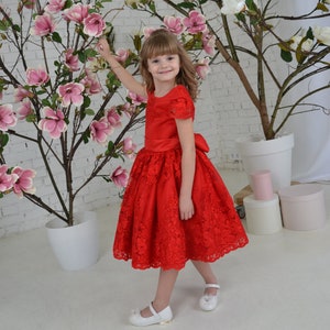 Red lace toddler dress, First birthday baby girl dress, Princess Dress Short Sleeve, baby wedding dress image 1