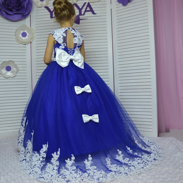 Blue Flower girl Dress, Long Flower Tulle Gown for Toddler,  Long Train Dress for junior bridesmaid