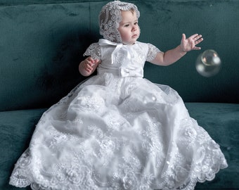 White christening gown, baptism dress for baby girl, lace christening dress, baby baptismal dress