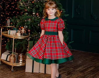 Baby Christmas gift, Tartan Christmas girls dress, Toddler dress for Xmas,  Christmas Outfit Green-Red, Red tutu Dress + Express delivery