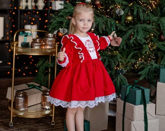 Baby Christmas dress, Red Christmas girls dress, baby girl dress for Xmas, toddler red dress with embroidery