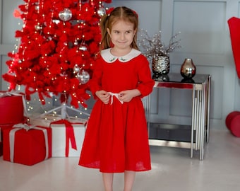 Toddler Christmas dress, Red Christmas girls dress, baby girl dress for Xmas, baby red dress with embroidery
