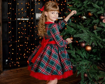 Baby Christmas dress, trendy little girl dress for Xmas, Tartan Christmas girls dress, Christmas Outfit Green