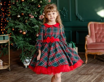 Baby Christmas dress, Tartan Christmas girls dress, Christmas Outfit Green, trendy little girl dress for Xmas + Express delivery