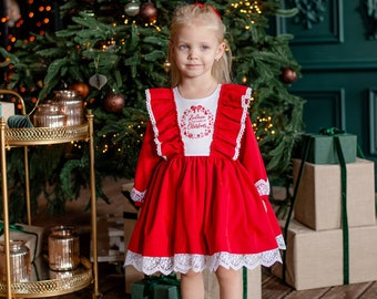 Toddler Red Dress with Embroidery, Baby Christmas Dress, Red Christmas Girls Dress, Baby Girl Dress for Xmas + Express