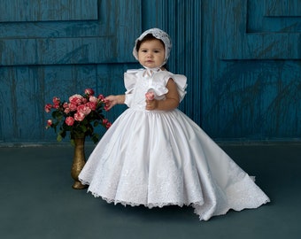 White lace baptism dress for baby girl, baby blessing dress, Baby girl baptism satin dress with train,  2t baptism dress, christening dress