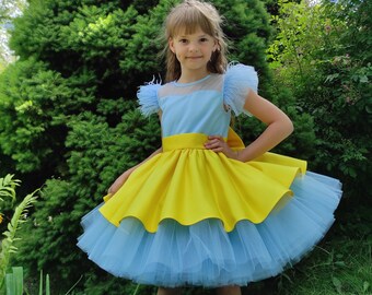 Yellow-skay blue flower girl dress, Ukrainian dress for baby girl, Ukraine Flag dress for toddler, 2nd birthday dress, First birthday dress