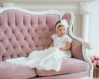 White baptism dress for baby girl, White classic long christening gown, Newborn girl dress