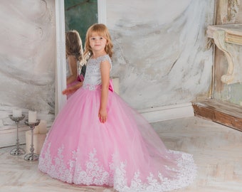 Pink flower girl dress, Long flower tulle gown for toddler, toddler dress with train, birthday baby dress, Princess gown