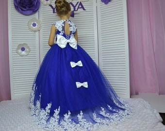 Blue Flower girl Dress, Long Flower Tulle Gown for Toddler,  Long Train Dress for junior bridesmaid