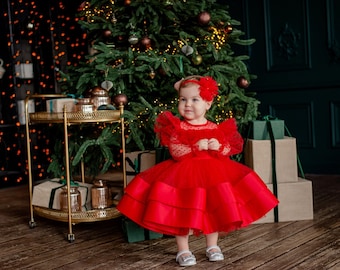 First Christmas Dress, Toddler Christmas dress, Red tutu Dress, 2t, 3t Girls Christmas Outfit Red,baby girl dress for Xmas +Express delivery