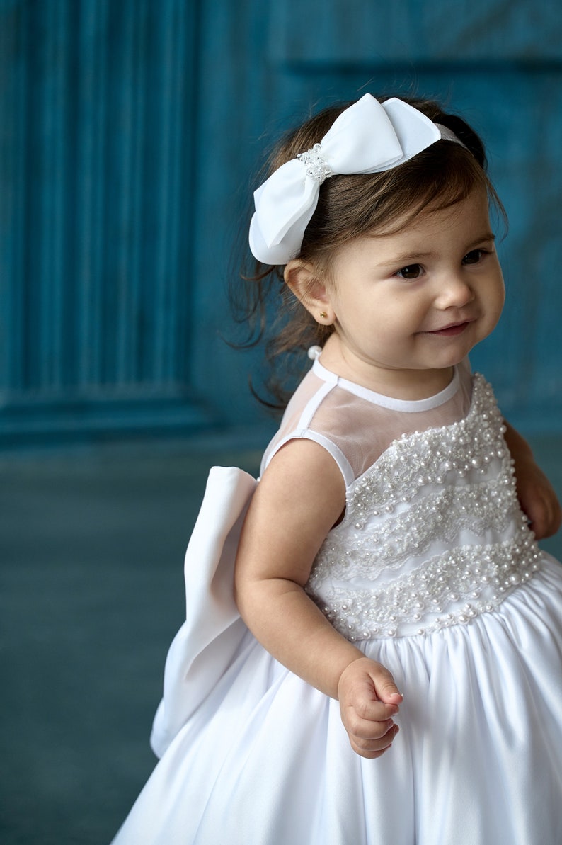 Satin christening dress, Toddler baptism dress with bow, godparent gift, 2t baptism dress for baby girl, custom dress image 3