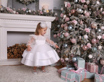 Baby first birthday dress, toddler white dress, baby flower girl dress