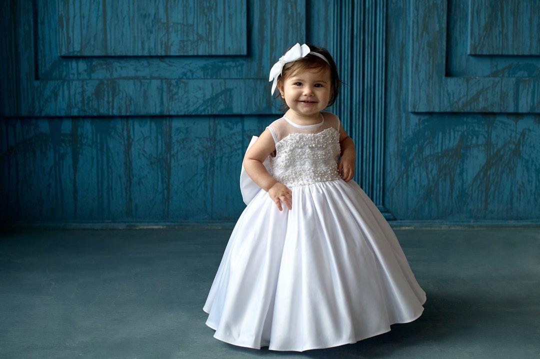 Satin Christening Dress, Toddler Baptism Dress With Bow, Godparent Gift