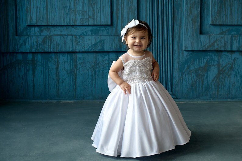 Satin christening dress, Toddler baptism dress with bow, godparent gift, 2t baptism dress for baby girl, custom dress image 1