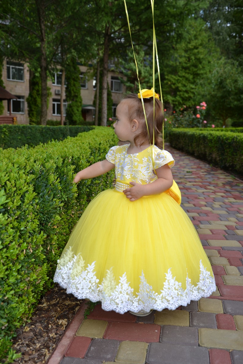 Baby first birthday dress, baby flower girl dress, Yellow princess dress, Toddler birthday dress image 2