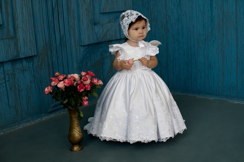 Baby girl baptism satin dress with train, white lace baptism dress for baby girl, baby blessing dress, 2t baptism dress, christening dress image 4