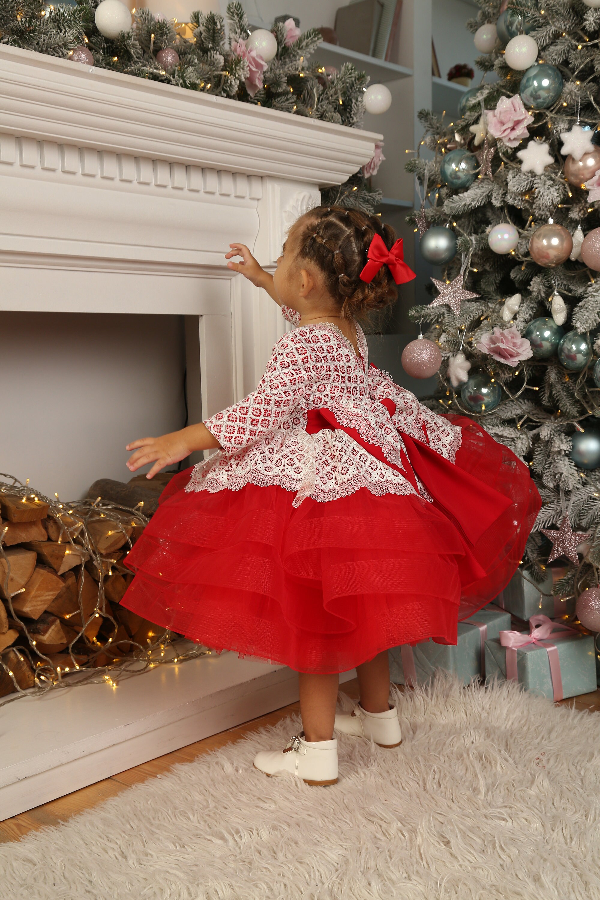 short christmas dresses for juniors Red Christmas Girl Dress: Sparkly Satin Gown, Puffy Sleeves