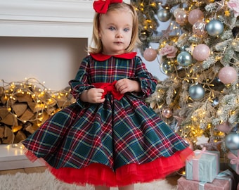 Kerstjurk baby, trendy kerstjurk voor kleine meisjes, kerstmeisjesjurk Schotse ruit, kerstoutfit groen