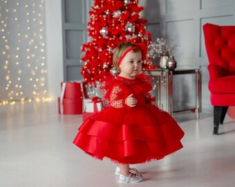 Baby first birthday dress, toddler red dress, baby flower girl dress, long sleeve tulle dress for 1st birthday