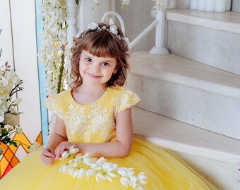 Yellow Flower Girl Dress,short Sleeve Dress, Gown for Baby