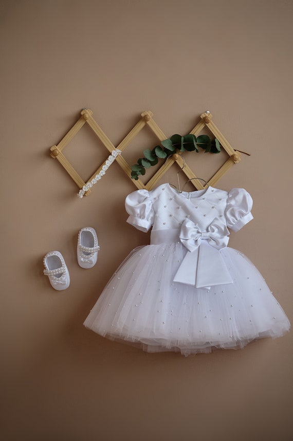 Baby Girl Baptism Dress With Pearls Blessing Dress Baptism Gown for Toddler Girl White Dress With Puffy Sleeves Girl Christening Gown Etsy