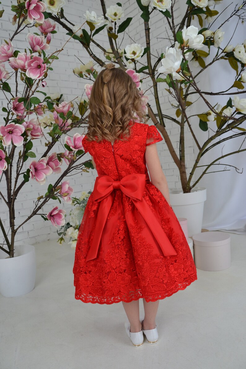 Red lace toddler dress, First birthday baby girl dress, Princess Dress Short Sleeve, baby wedding dress image 6
