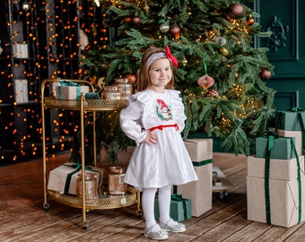 Vestido de Navidad blanco para niños pequeños, Vestido de navidad de lino para niñas, vestido de niña para Navidad, vestido de lino para niños pequeños con bordados, regalo de Navidad para bebés