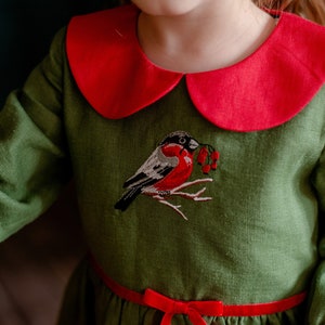 Green emerald toddler Christmas dress, baby Christmas gift, Linen Christmas girls dress, baby girl dress for Xmas, dress with embroidery image 6