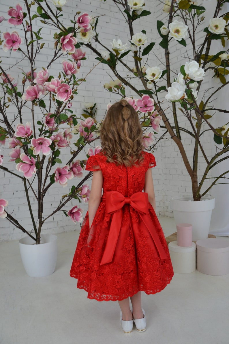 Red lace toddler dress, First birthday baby girl dress, Princess Dress Short Sleeve, baby wedding dress image 4