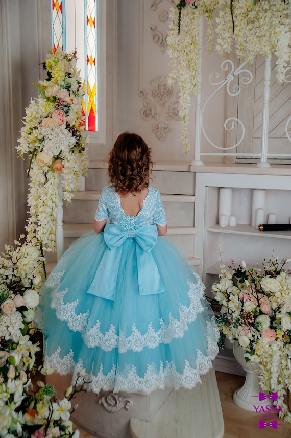 Blue Elegant Flower Girl Dress Girls Holiday Dress Tulle Girls Dress Lace Dress Short Sleeve for Baby Birthday Party Etsy Canada