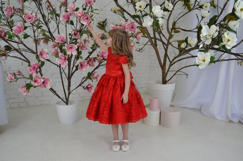 Red lace toddler dress, First birthday baby girl dress, Princess Dress Short Sleeve, baby wedding dress image 2