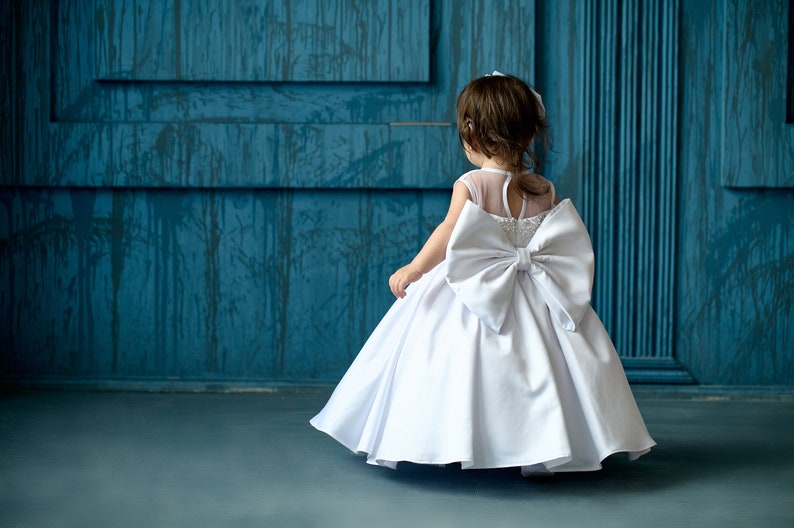 Satin christening dress, Toddler baptism dress with bow, godparent gift, 2t baptism dress for baby girl, custom dress image 4