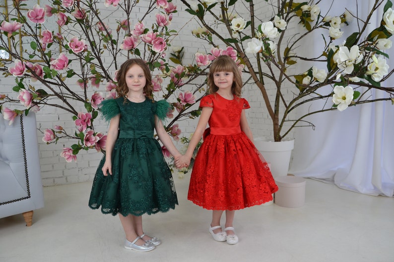Red lace toddler dress, First birthday baby girl dress, Princess Dress Short Sleeve, baby wedding dress image 7