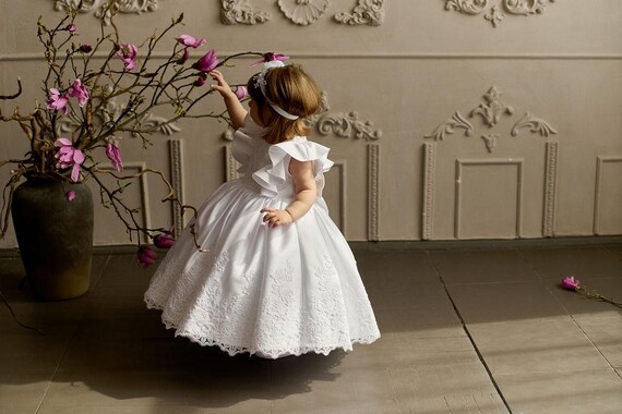 satin baptism dress for baby girl Nan & Jan Girls Christening Gown with Embroidered Applique Sleeve 6 Months / Off White