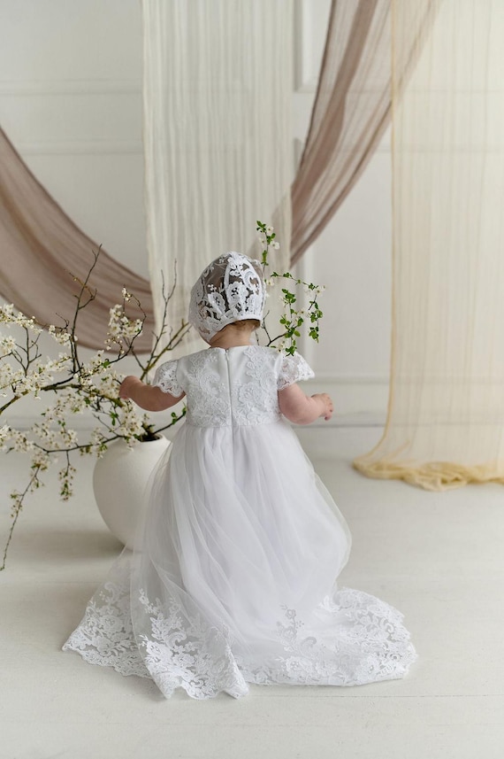 Baby Girl Christening Gown - Toddler Blessing Dress - White Lace Baptism Dress - Custom Baptism Gown, Newborn Gown, Baptism gift for Girl