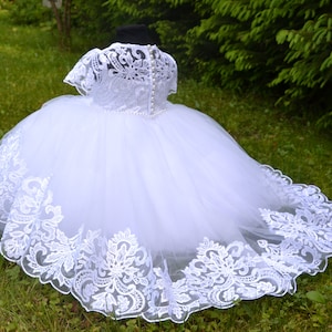 Baby baptismal dress, white christening dress with a train, baptism dress for baby girl, 2t baptism dress