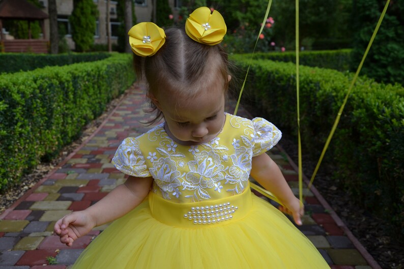 Baby first birthday dress, baby flower girl dress, Yellow princess dress, Toddler birthday dress image 8