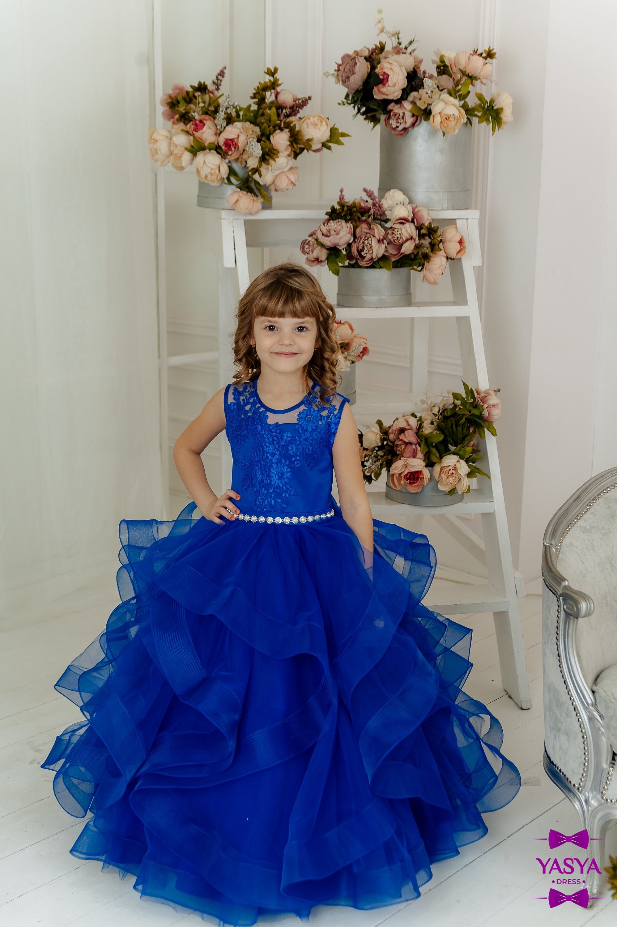 Royal Blue Flower Girl Dress Long Flower Tulle Gown for Etsy