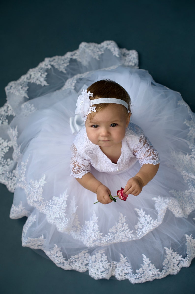 White christening dress, Toddler baptism dress with train, godparent gift, 2t baptism dress for baby girl, custom dress image 3