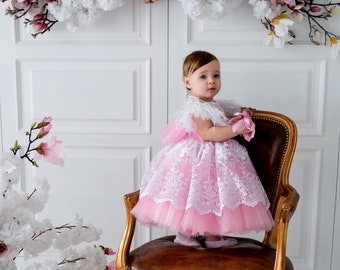 Baby first birthday dress, toddler pink dress, baby flower girl dress, princess gown, tulle dress for 1st birthday