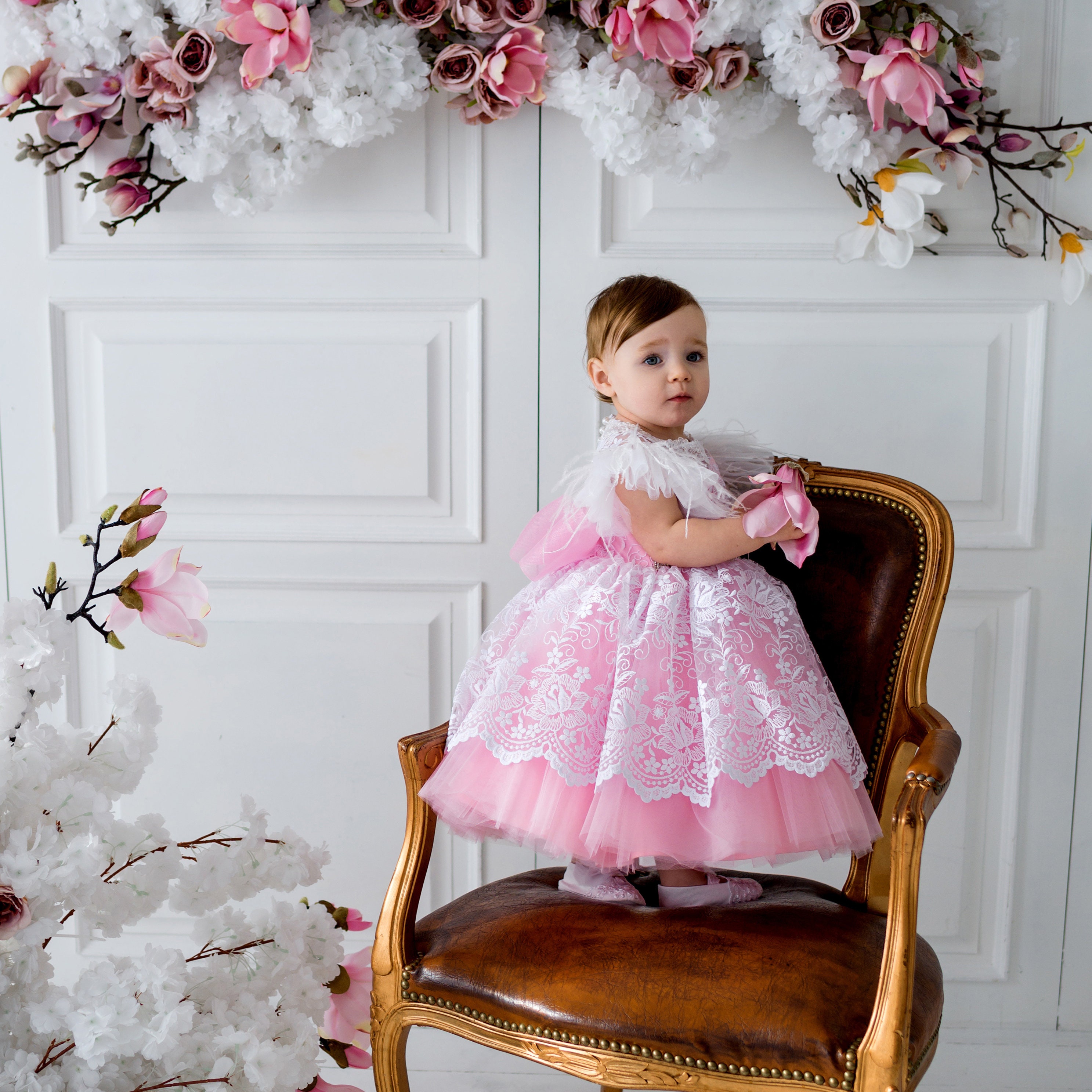 Baby first birthday dress toddler pink dress baby flower girl dress princess gown tulle dress for 1st birthday