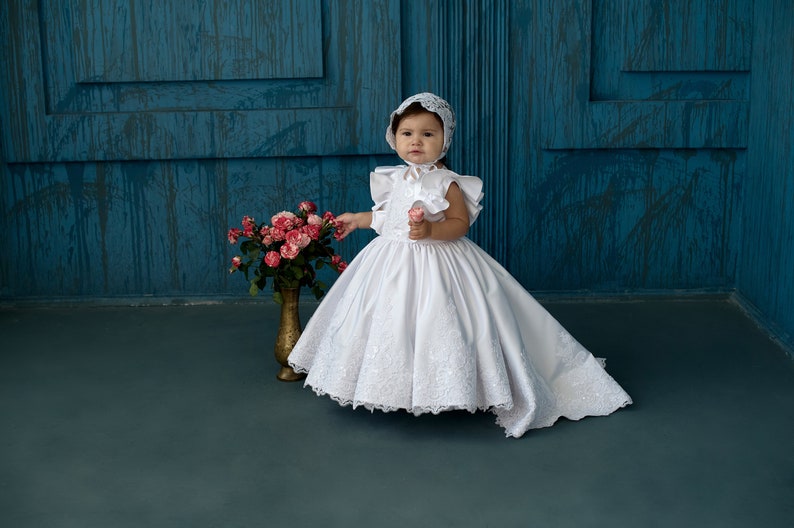 Baby girl baptism satin dress with train, white lace baptism dress for baby girl, baby blessing dress, 2t baptism dress, christening dress image 6